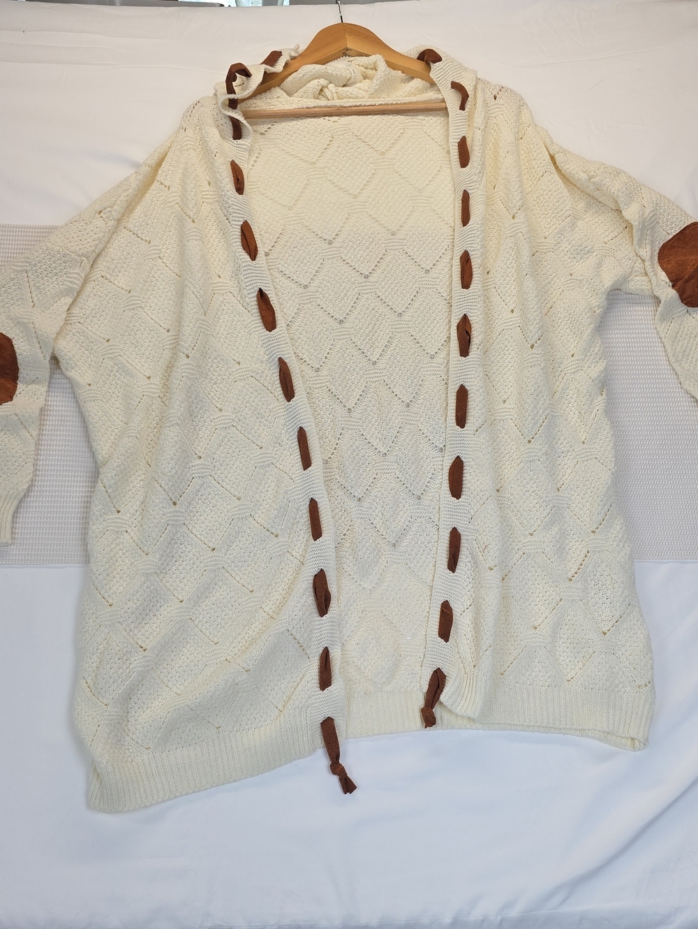 Cream Hooded Knit Sweater with Brown Accent Medium